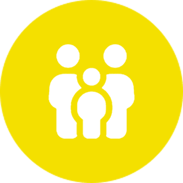 A yellow circle with three people and one person in the middle